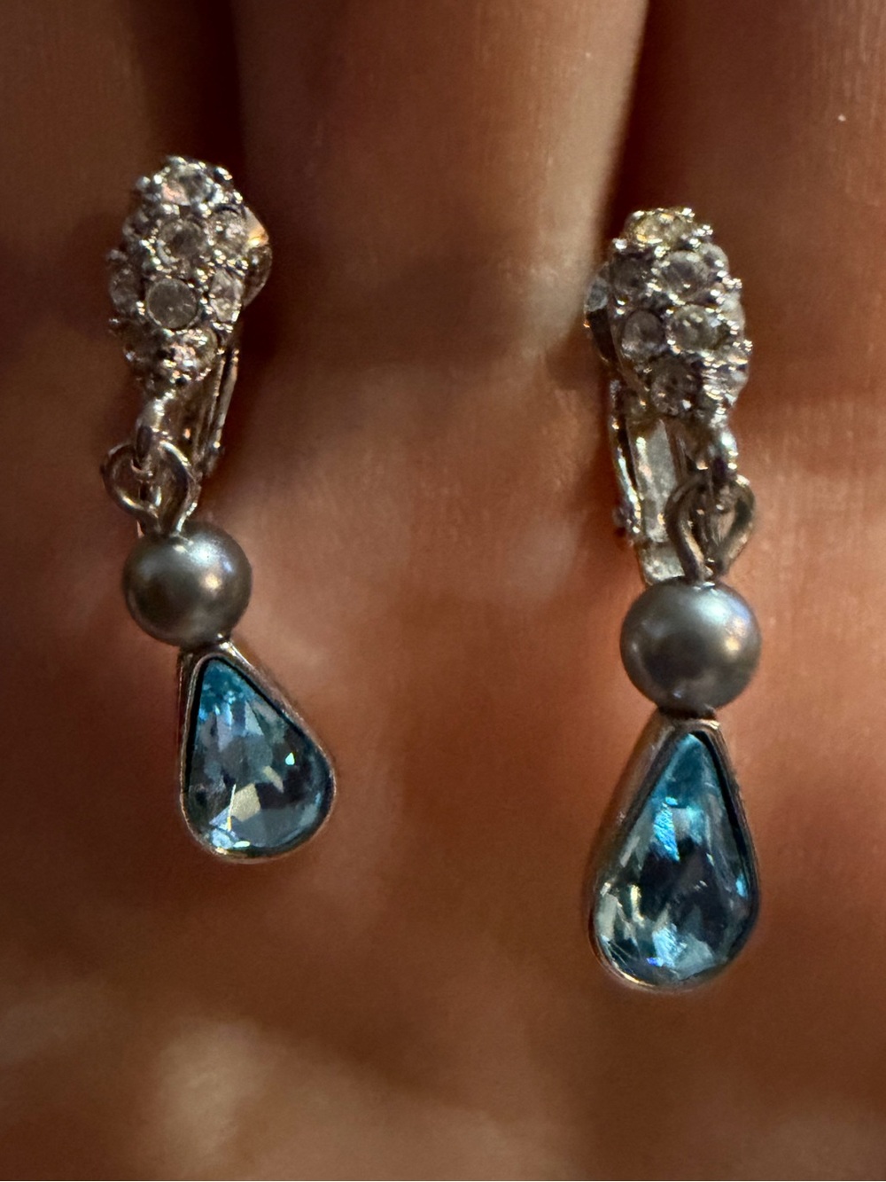 3/$25 Silver Clip-on Earrings with Blue Teardrop Crystal